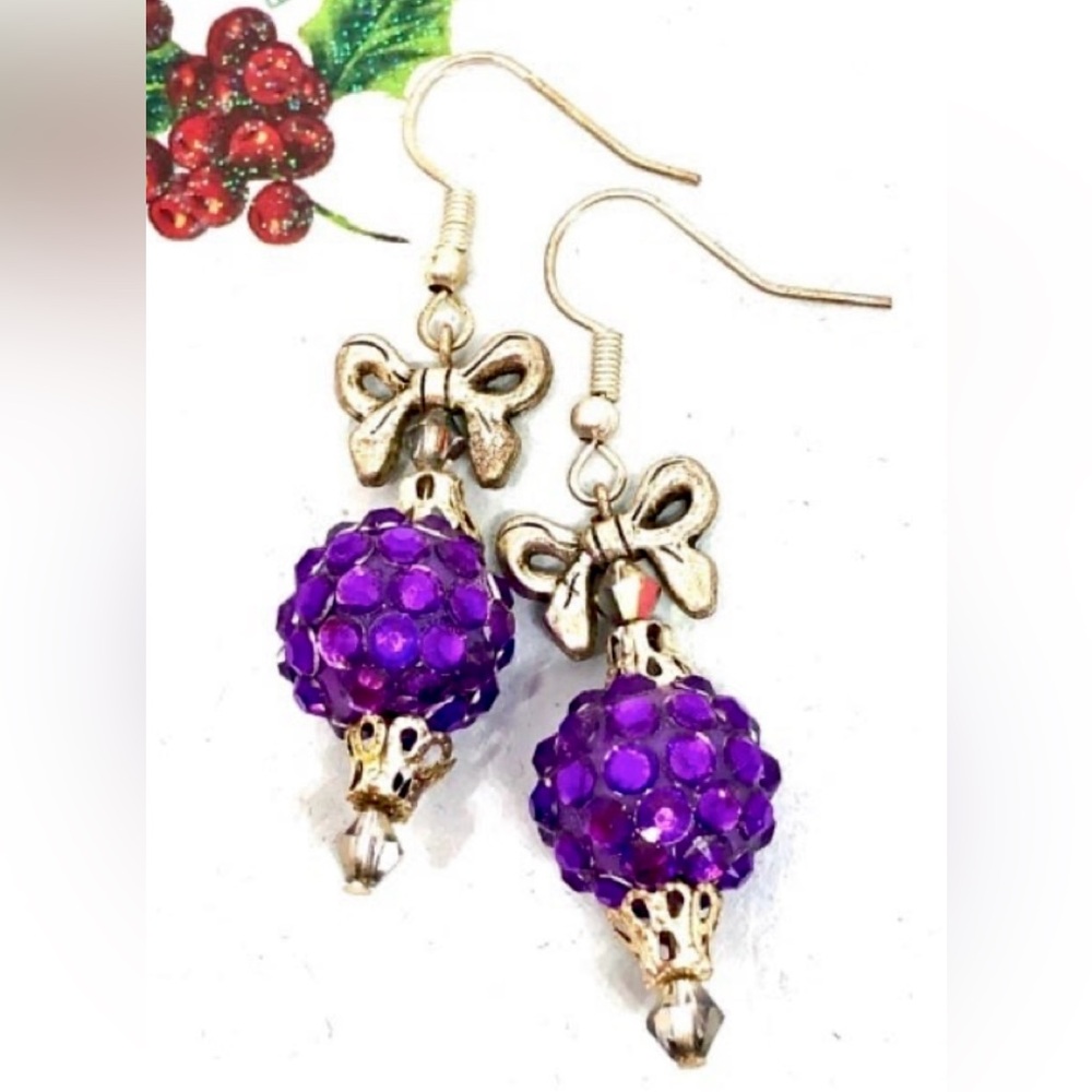 Christmas Purple Shambala Disco Ball Crystal Filigree Bow Ornament Earrings